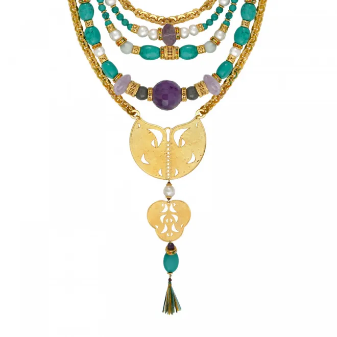 Adjustable Tiki bib necklace - turquoise