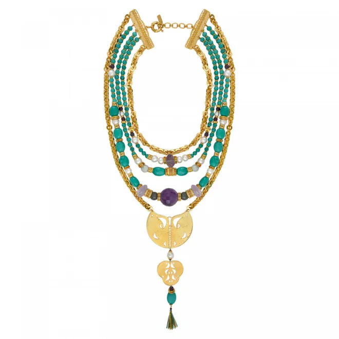 Adjustable Tiki bib necklace - turquoise