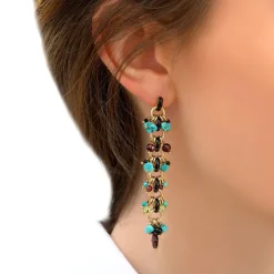 Annella long stud earrings for pierced ears - red and turquoise