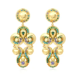Gloria clip-on earrings in gold metallic resin and green crystals