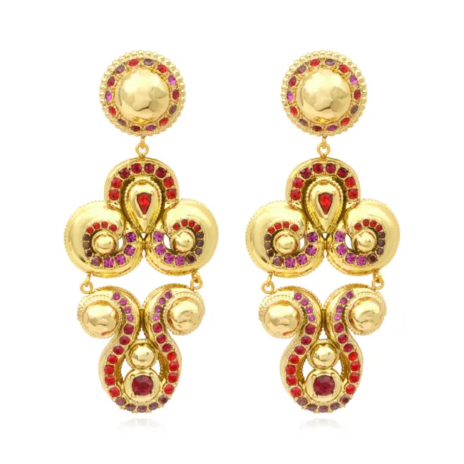 Gloria clip-on earrings in gold metallic resin and crystals - red