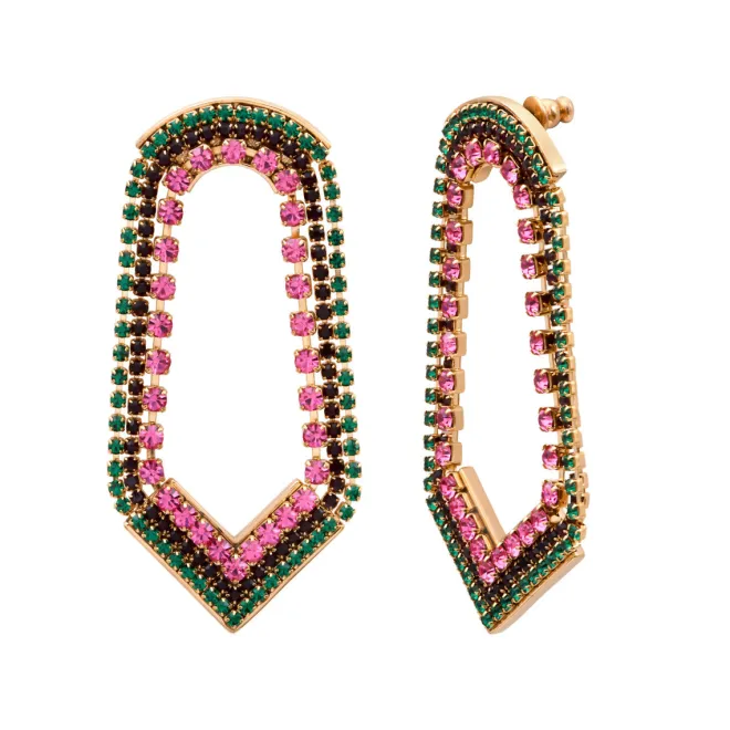 Precious wide stud earrings - green and pink