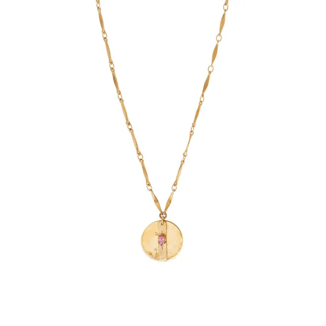 Sun pendant necklace in hammered metal with crystal - pink