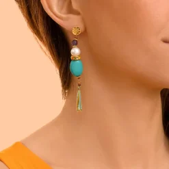Tiki long stud earrings for pierced ears - turquoise